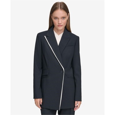 Calvin Klein Womens Asymmetrical One Button Blazer Jacket, Blue, 14