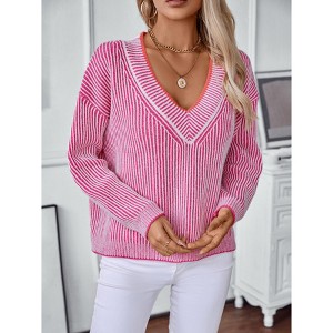Womens Fall Casual Striped V Neck Sweaters Long Sleeve Knit Color Block Sweater - 1 of 4