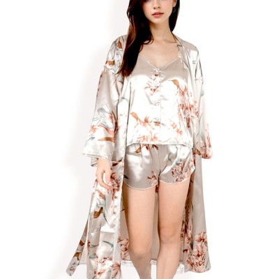 Anna-Kaci Lounge Women's Floral Satin Set Robe with Matching Cami Top and Shorts