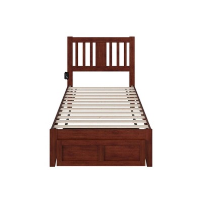 Walnut Twin Wood Platform Bed with Drawer and USB Charger