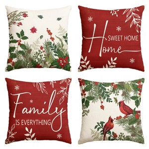 Set of 4 Christmas Cardinal Home Sweet Home Poinsettia Holly Berries Throw Pillow Covers, 18 x 18 Inch - 1 of 4