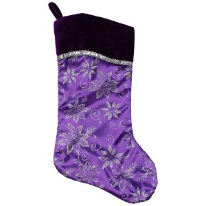 Northlight 20" Purple and Silver Glittered Floral Christmas Stocking with Shadow Velveteen Cuff - 1 of 4
