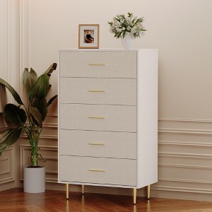Tall Narrow Wooden White 5 Drawer Dresser with Gold Metal Handles and Legs for Bedroom, Living Room, Entryway - 1 of 4