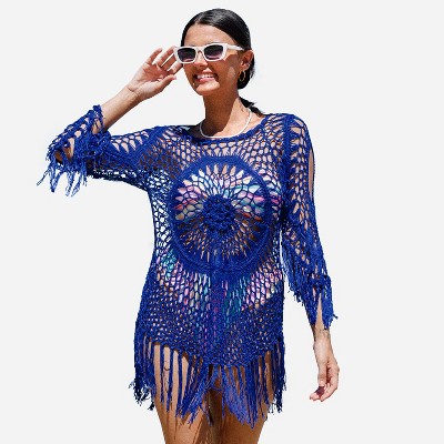 Women's Sheer Crochet Fringe Cover-up Dress - Cupshe-s-white : Target