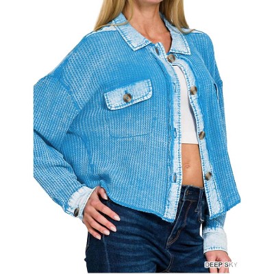 Women's Acid Wash Waffle Knit Crop Shacket - ZENANA