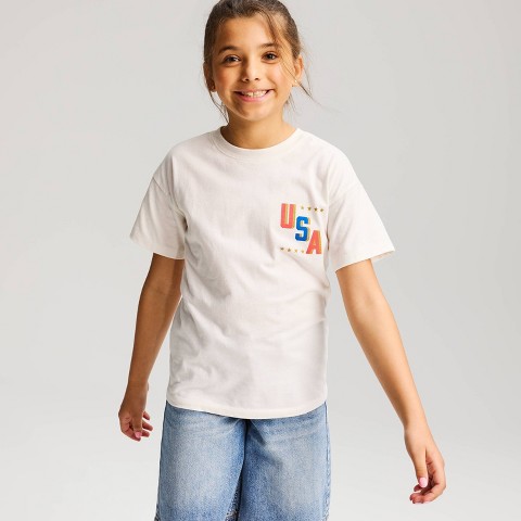 Cat & Jack Girls' 4th of July Oversized Short Sleeve 'USA' Graphic Jersey T-Shirt - Cat & Jack™ Cream L