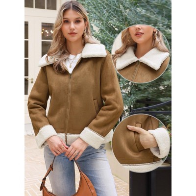 INSPIRE CHIC Women's Faux Shearing Thick Fur Winter Warm Lined Faux Leather Jacket Large Brown — фото 2