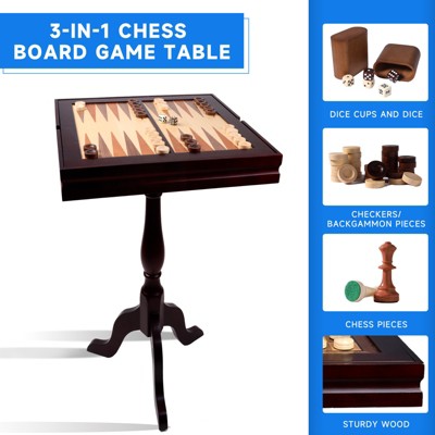 GSE Wooden 3-in-1 Chess Checkers Backgammon Table, Chess Checkers Backgammon Combo Game Set