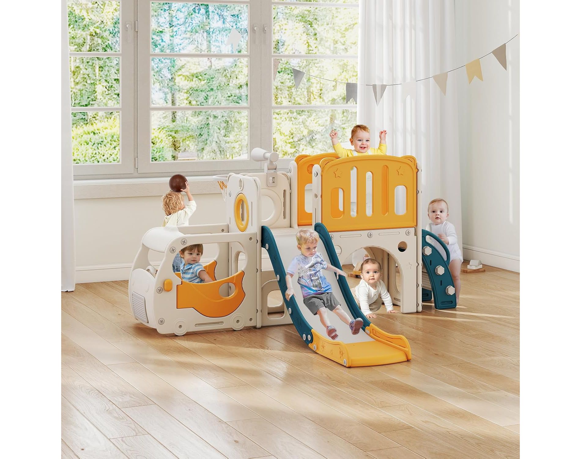 9 in 1 Indoor Slide for Toddler - Freestanding Baby Slide, Playground Kids Slider, Bus (Green & Yellow)