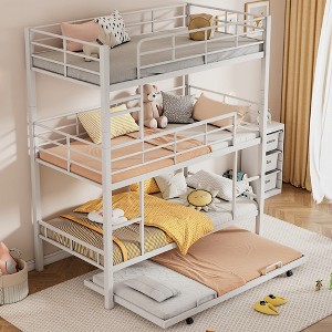 TIRAMISUBEST Metal Twin Size Triple Bunk Bed With Trundle, Twin Over Twin Over Twin Bunk Bedframe with Ladder and Guardrails - 1 of 4
