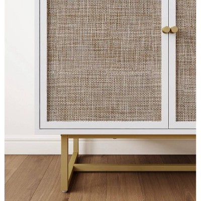 White and Natural Rattan Freestanding Cabinet with Adjustable Shelving