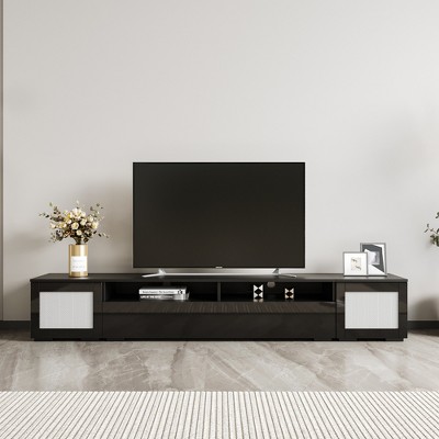 83"W TV Stand TV Console Media Console TV Cabinet with Push to Open Doors, LED Lights and Rattan Doors for TVs Up to 90", Black+White-ModernLuxe