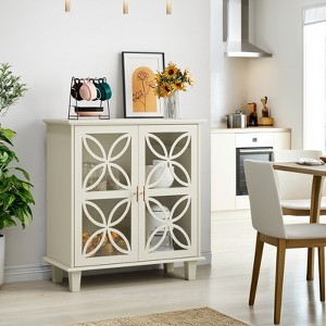 TiramisuBest Rattan Buffet Cabinet Sliding Doors Solid Wood Legs Multifunction Storage Sideboard Console Table Kitchen Living Room Decor - 1 of 4