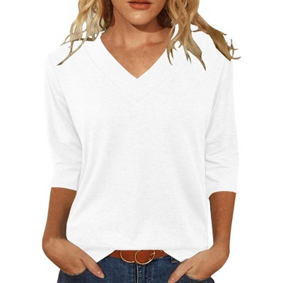 Tops for Women Summer Fall Shirts Basic 3/4 Sleeve Tees V Neck Tunics Casual Dressy Blouses