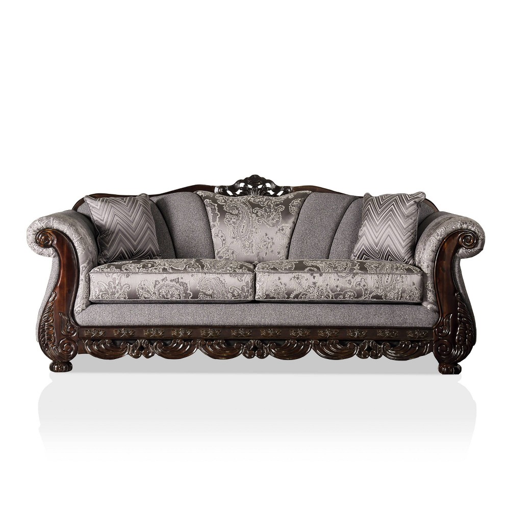 Maisey Rolled Arm Sofa Gray - Furniture Of America: Traditional Elegance, Wood Trim, 2 Pillows