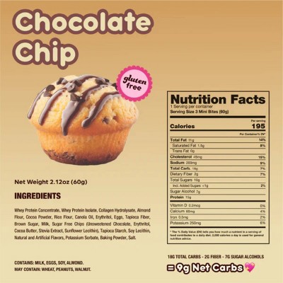 Prime Bites Chocolate Chip Protein Mini Muffins - 15g Protein - 8.48oz/4ct: Whey Protein Isolate, Chewy, Ready to Eat