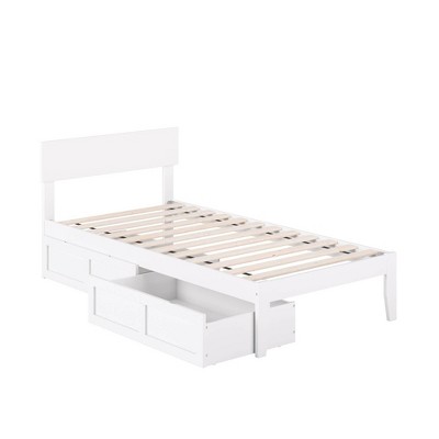 White Twin Wood Platform Bed with Storage Drawers and Upholstered Headboard