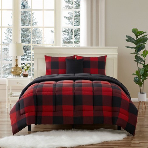 Sweet Home Collection 4 Piece Buffalo Check Plaid Design Reversible To Solid Color With 2 Shams Throw Pillow Full queen Burgundy Target