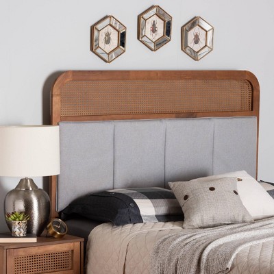 Esti Gray Upholstered Walnut Wood Queen Headboard with Rattan