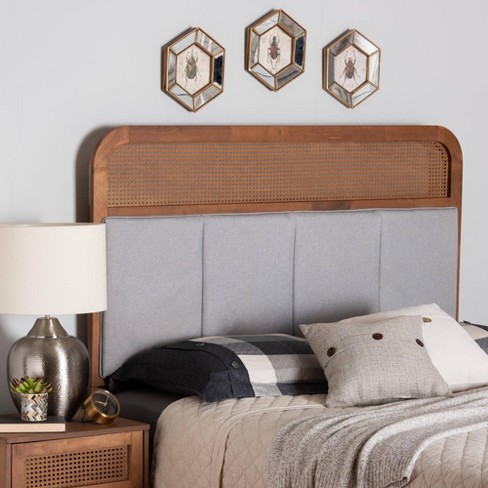 Baxton Studio Queen Esti Fabric and Wood Headboard with Rattan Light Gry/Ash Walnut: Mid-Century Design, 5 Adjustable Heights - image 1 of 4