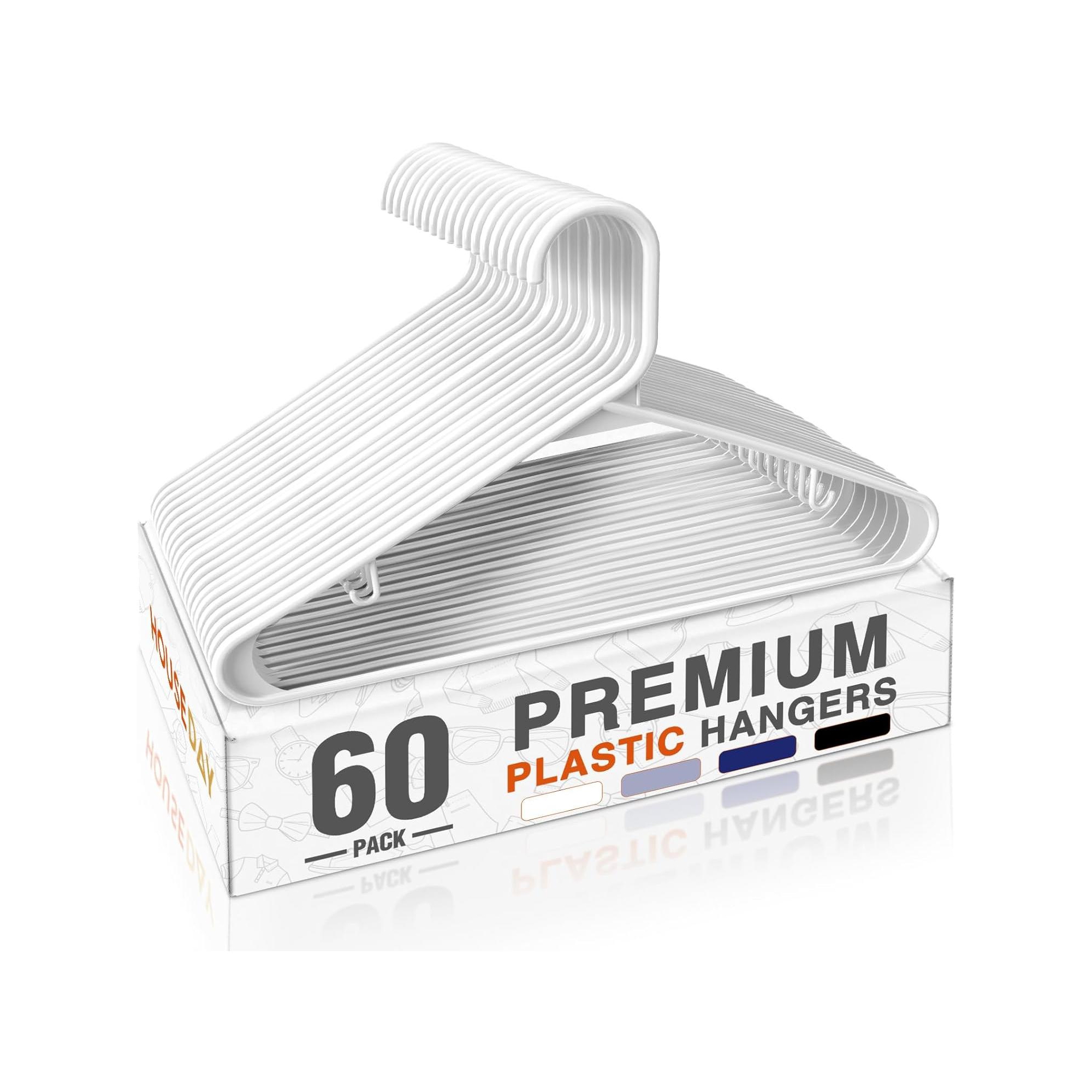 HOUSE DAY Durable Plastic Hangers Light-Weight with Hooks White 60 Pack