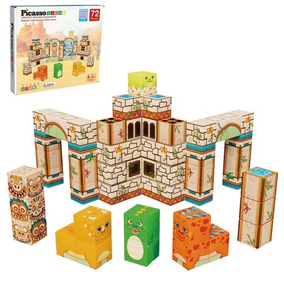 PICASSO-TILES 72 PC Dinosaur Theme Magnetic Building Puzzle Cubes Set for Kids Ages 3+