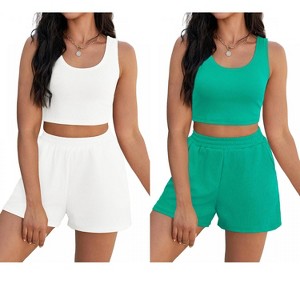 ATHLECHIC Women's Ribbed Knit Crop Tank Tops Short Sets with Pockets Travel Outfits 2 Pcs - 1 of 4