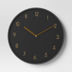 16" Luxe Wall Clock Black/Brass - Threshold™: Sleek Round Design for Home Decor - 1 of 3