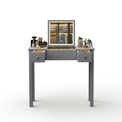 Modern Vanity Set With Mirror And LED Light, 2 Drawers And Removable Dividers Storage Organization, Vanity Table With Flip Top Mirror