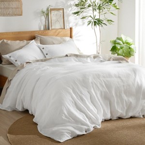 3 Pieces Linen Soft & Cozy Duvet Cover Linen Cotton Blend Bedding Set Tropical Plants Beige Color Cooling Bedding - 1 of 4