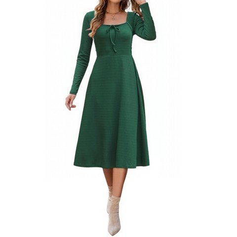 Женские платья INSPIRE CHIC Women's Square Neck Long Sleeve A-Line High Waist Midi Knitted Dresses with Pocket Dark Green X-Large