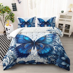 Hachikiko Boho Blue Butterfly Comforter Set - Dreamy 3D Bedding for Girls with 2 Pillowcases - 1 of 4