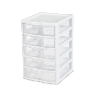 Sterilite Clearview Small Clear Plastic Stackable 5 Drawer Storage System for Desktop and Drawer Household Organization for Stationary or Pens