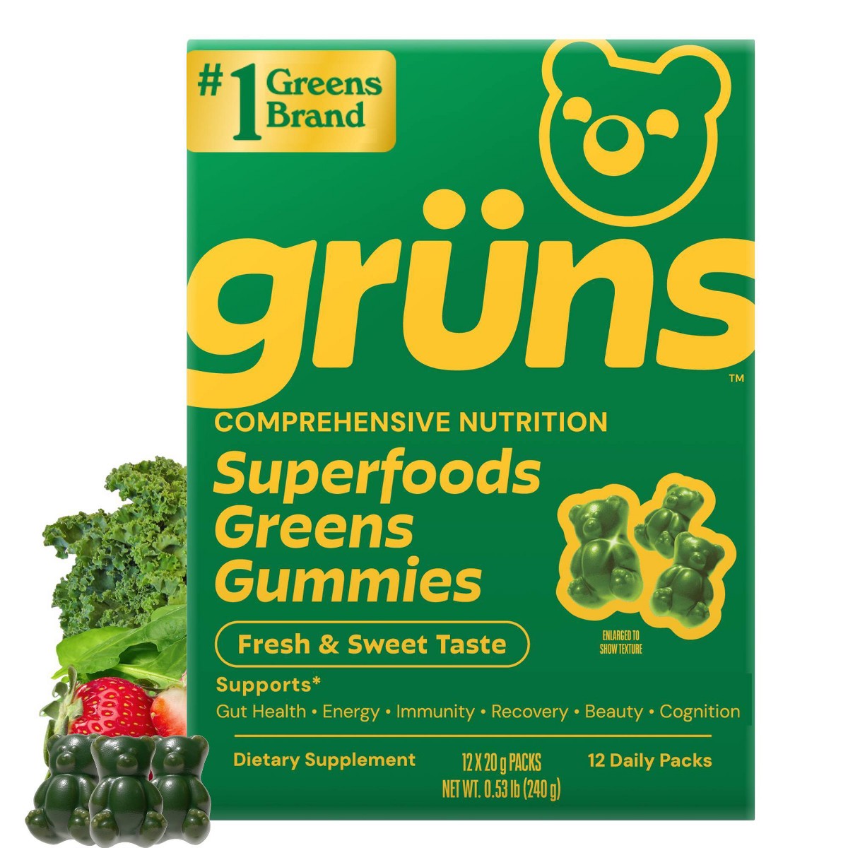 Grüns Adult Low Sugar Superfoods Greens Gummies with Prebiotic Fiber - 240g/12 Servings