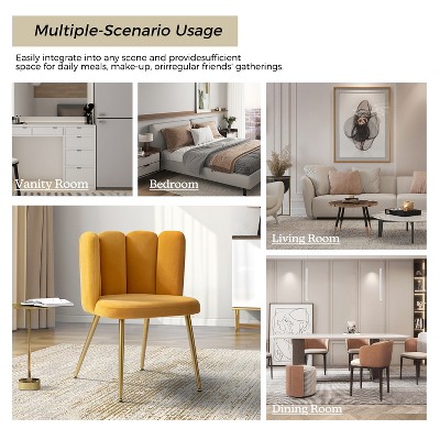 Barbara Contemporary Velvet Vanity Stool for Makeup Room, Moden Accent Side Chairs for Living Room with Shell Back and Golden Metal Legs | ARTFUL LIVING DESIGN
