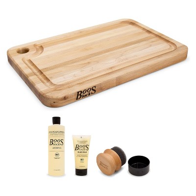 John Boos Block 18 x 12-Inches Maple Wood Reversible Cutting Board and 3 Piece Wood Cutting Board Care and Maintenance Set