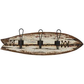 7"x23" Wood Handmade Distressed Fish Shaped 3 Hanger Wall Hook with Metal Accents Brown - Olivia & May