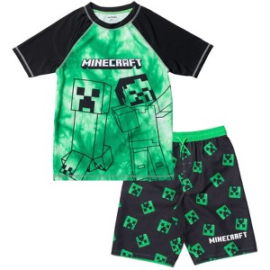 Minecraft Zombie Creeper Alex Steve Rash Guard and Swim Trunks Outfit Set Little Kid to Big Kid - 1 of 4