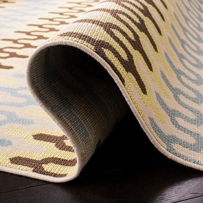 Green and Light Blue Geometric Synthetic Outdoor Area Rug