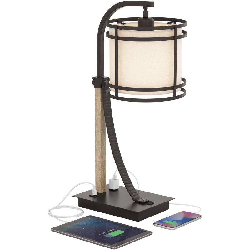 Franklin Iron Works Gentry Industrial Desk Lamp 22" High Oil Rubbed Bronze Faux Wood Cage with USB and AC Power Outlet in Base Oatmeal Shade for Desk, 3 of 10