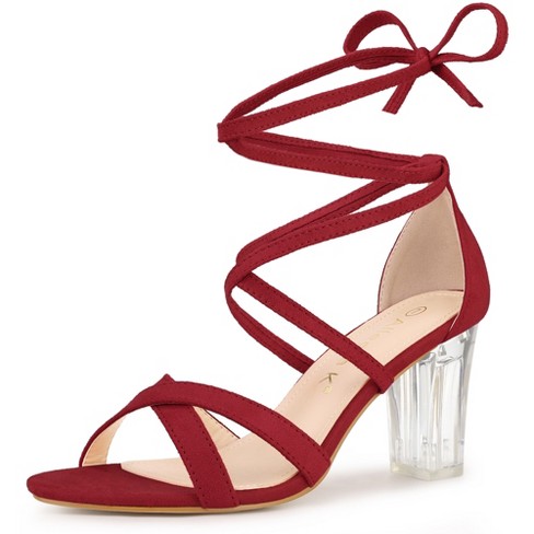 Allegra K Women's Velvet Lace Up Clear Heels Block Heel Sandals Red 7 ...