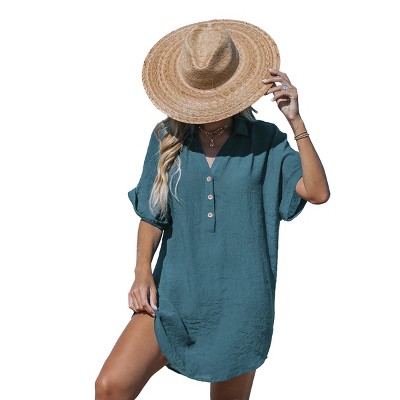 Women's Collared V-Neck Front Button Mini Cover-Up Dress - Cupshe