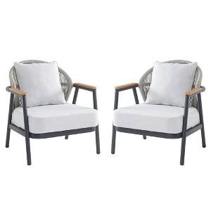 Outdoor Club Chairs with Gray Cushions, Rope Patio Club Chair with Iron Frame and Wood Armrests,Rope Backrest Garden Lounge Club Chair-Koiai - 1 of 4