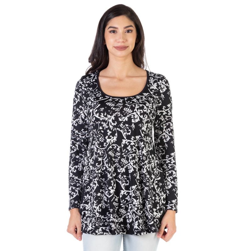 24seven Comfort Apparel Womens Floral Black Long Sleeve Tunic Top, 1 of 5