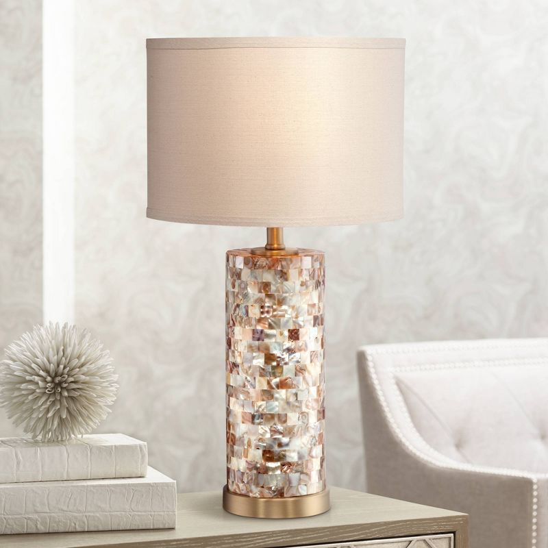 360 Lighting Margaret Coastal Accent Table Lamp 23" High Mother of Pearl Tile Cylinder Cream Linen Drum Shade for Bedroom Living Room Bedside Office, 2 of 7