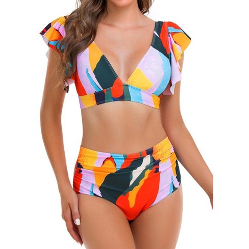 Ruffle Swimsuit Two Piece U Back Bikini Set Chic Ruched Swim