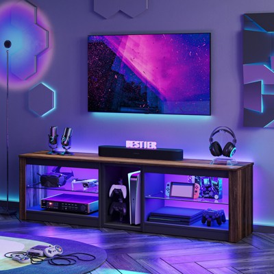 Bestier TV Stand for TVs up to 60 or 70 inch, Gaming Media Console for PS5, LED TV Cabinet with Power Outlet & Glass Shelves