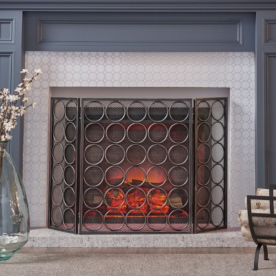 VYNXARIA Modern Three Panel Iron Firescreen, charming circular pattern,Black Silver