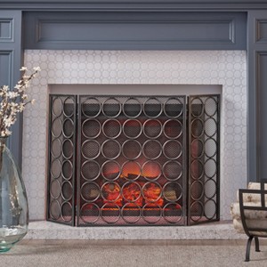 VYNXARIA Modern Three Panel Iron Firescreen, charming circular pattern,Black Silver - 1 of 4