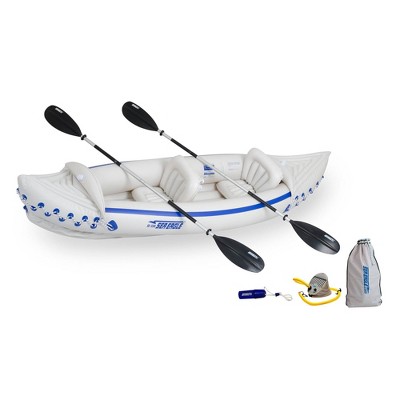 Sea Eagle 330 Deluxe 2 Person Inflatable Portable Sport Kayak Canoe Boat with Paddles, Repair Kit, Pump, and Movable Seats